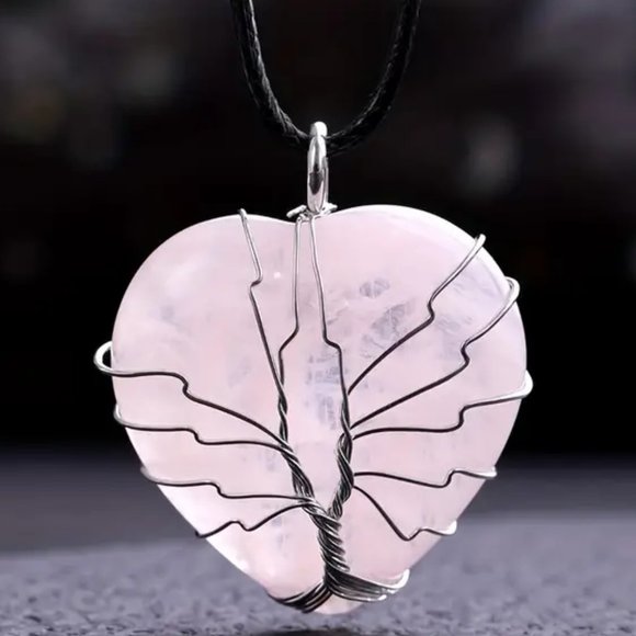 Rose Quartz Heart Shaped Natural Gemstone Tree Of Life Wire Wrap Pendant - Picture 1 of 2